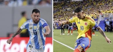 Combo de dos fotografías del jugador argentino Lionel Messi (i) y el colombiano James Rodríguez. Messi contra Rodríguez.
