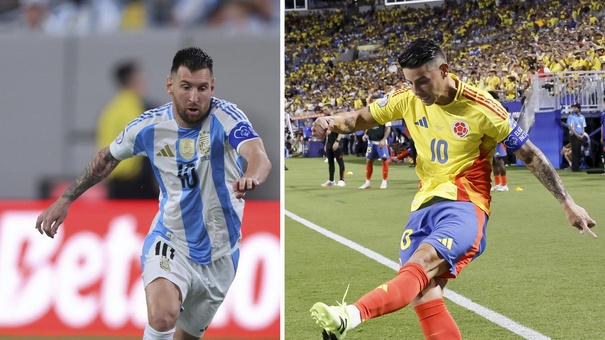 Combo de dos fotografías del jugador argentino Lionel Messi (i) y el colombiano James Rodríguez. Messi contra Rodríguez.