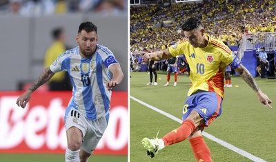 Combo de dos fotografías del jugador argentino Lionel Messi (i) y el colombiano James Rodríguez. Messi contra Rodríguez.