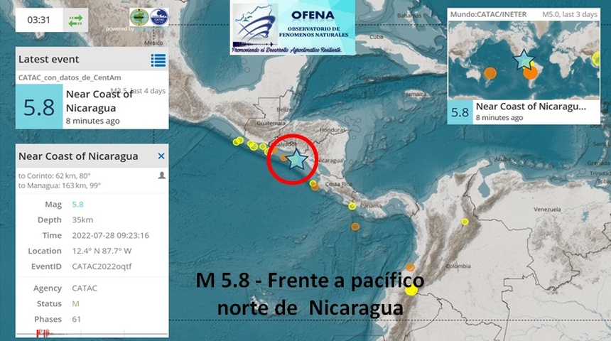 Temblor de 5.8 sacude pacífico de Nicaragua