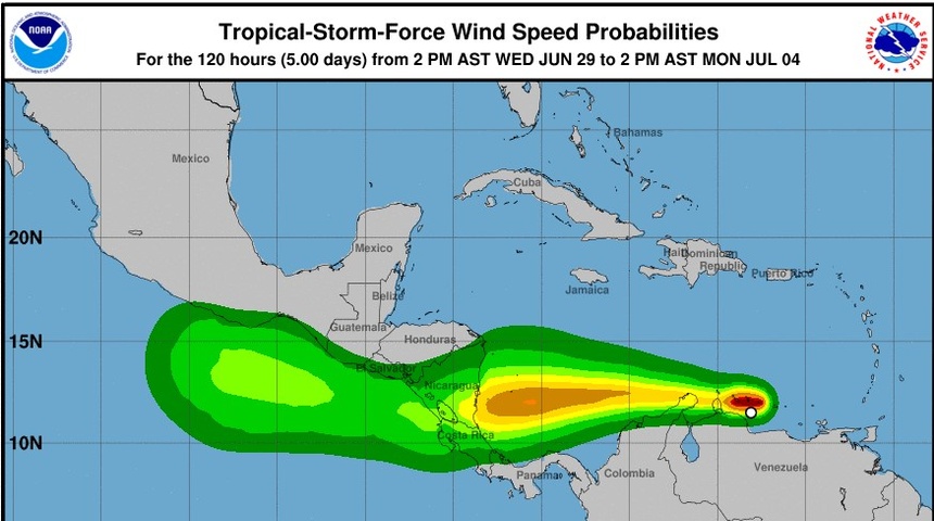 Centro Nacional de Huracanes emite aviso de Huracán y Tormenta Tropical para Nicaragua y Costa Rica