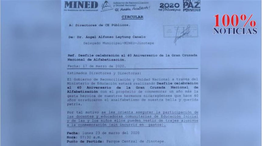 Ministerio de Educación en Nicaragua ordena a docentes y estudiantes desfilar en Jinotepe