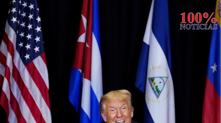 Banderas de Nicaragua, Cuba y Venezuela en reunión de Trump con diásporas en La Florida