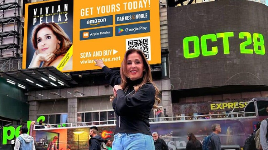 Vivian Pellas promociona su libro en las pantallas de Times Square en New York