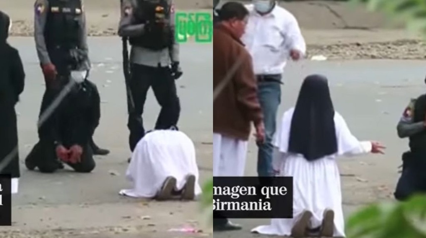 Monja se arrodilla ante militares y suplica que la maten a ella y no a niños