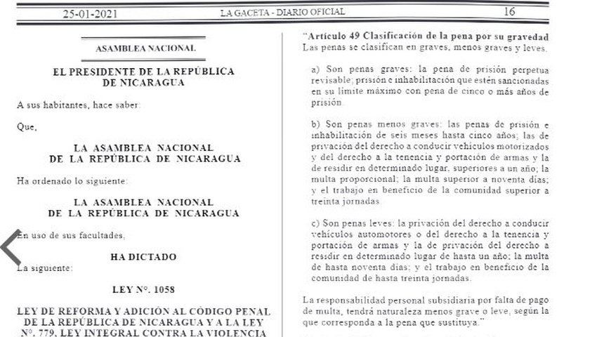 Reformas a Código penal y Ley 779 entran en vigencia para imponer cadena perpetua revisable