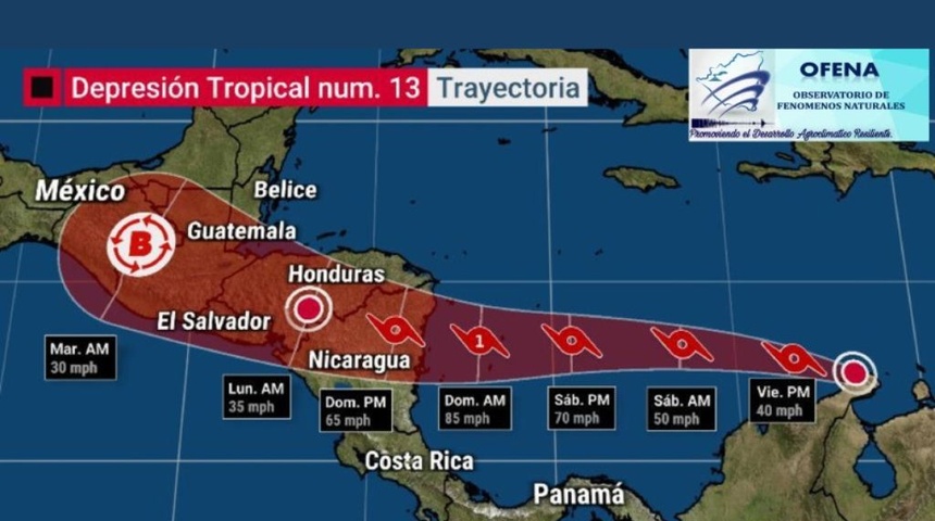 Depresión tropical Trece impactará como huracán de categoría 1 a Nicaragua