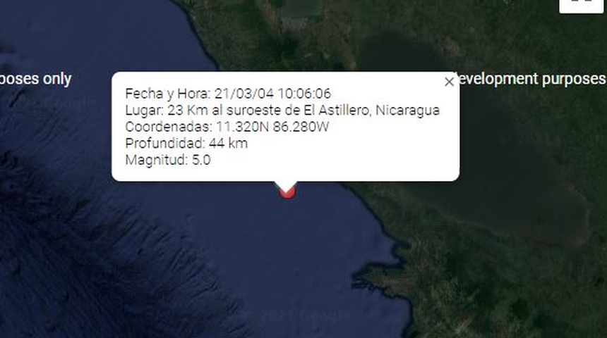 INETER reporta sismo de 5 grados en El Astillero, Rivas