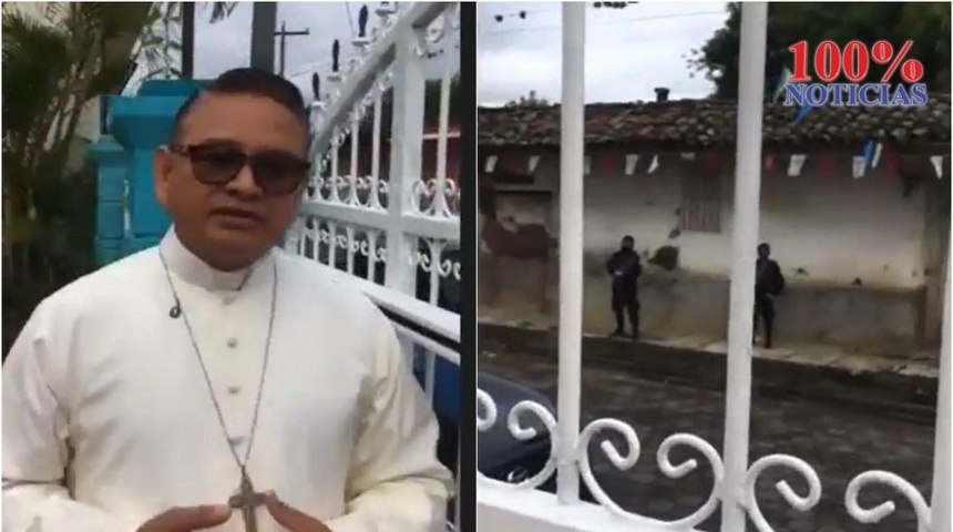 Padre Harvy Padilla encara a policías apostados afuera de la Iglesia, quienes impiden ingreso de feligreses